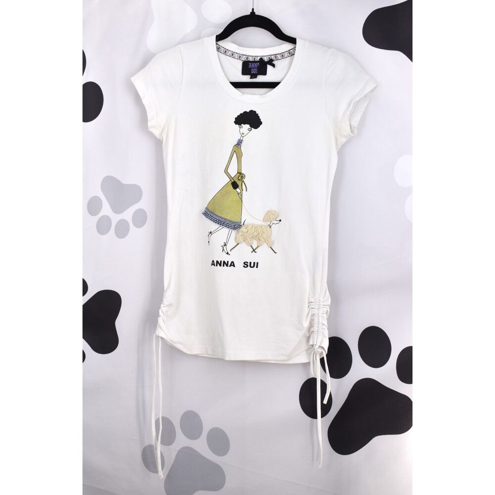 Anna Sui Kids Short Sleeve Graphic Textured Dog Walking Tee White Kids Large